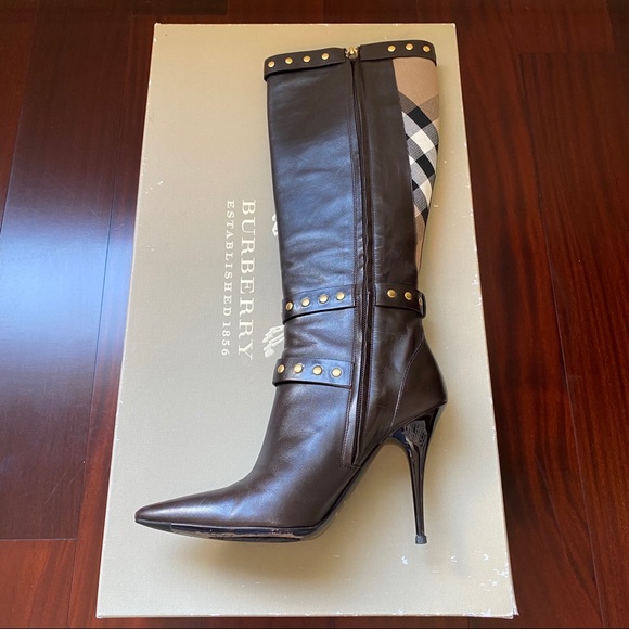 Burberry Leather Novacheck Canvas Rivet Boots 38.5 - Picture 3 of 8